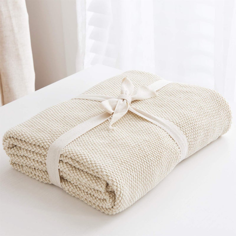 Longhui bedding Cream Cotton Cable Knit Throw Blanket for Couch Sofa Bed, Home Decorative Throw Blanket for Couch, Lightweight Woven Throw Blankets with Bonus Laundering Bag, 3.4 Pounds 60 x 80 Beige - Image 2